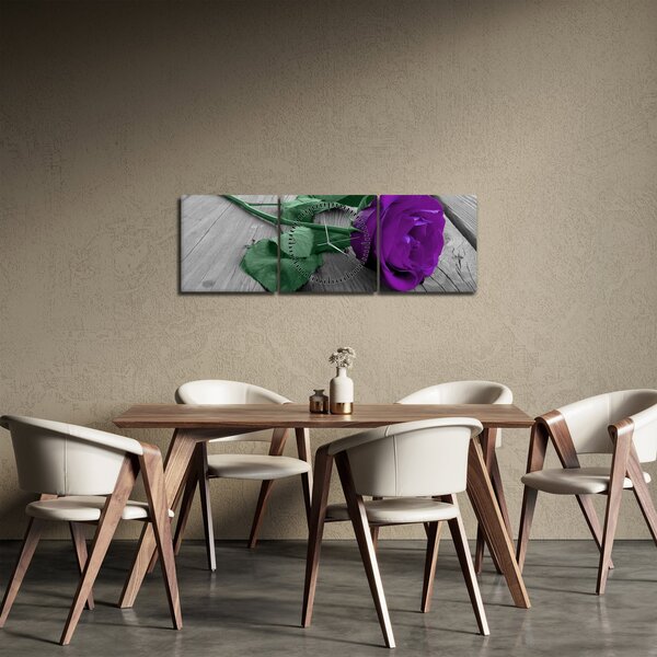 Obraz - Fioletowa róża z zieloną łodygą (z zegarem) (90x30 cm)