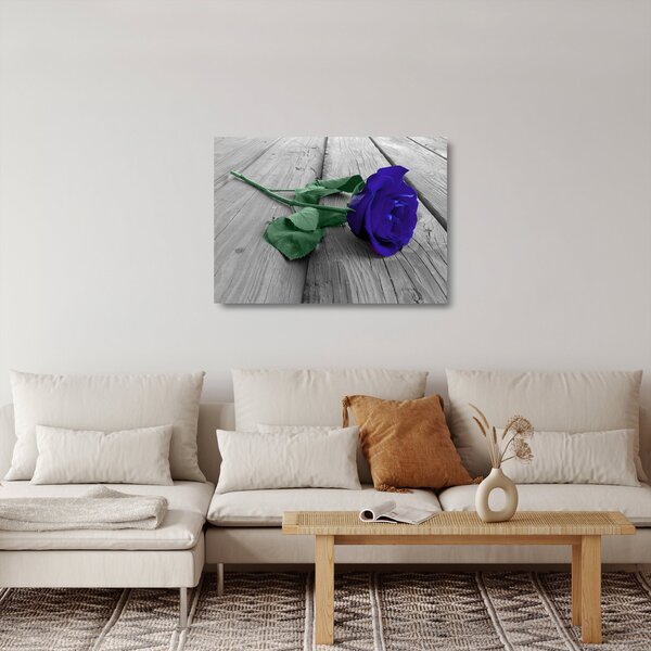 Obraz na szkle - Niebieska róża z zieloną łodygą (70x50 cm)