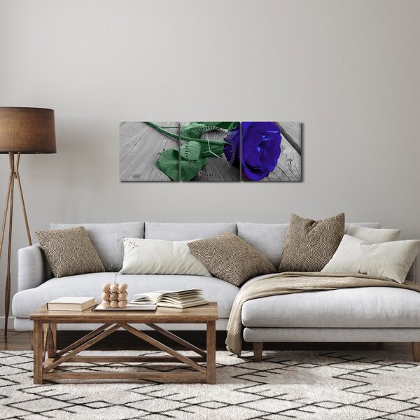 Obraz - Niebieska róża z zieloną łodygą (z zegarem) (90x30 cm)