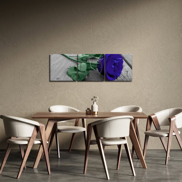 Obraz - Niebieska róża z zieloną łodygą (z zegarem) (90x30 cm)