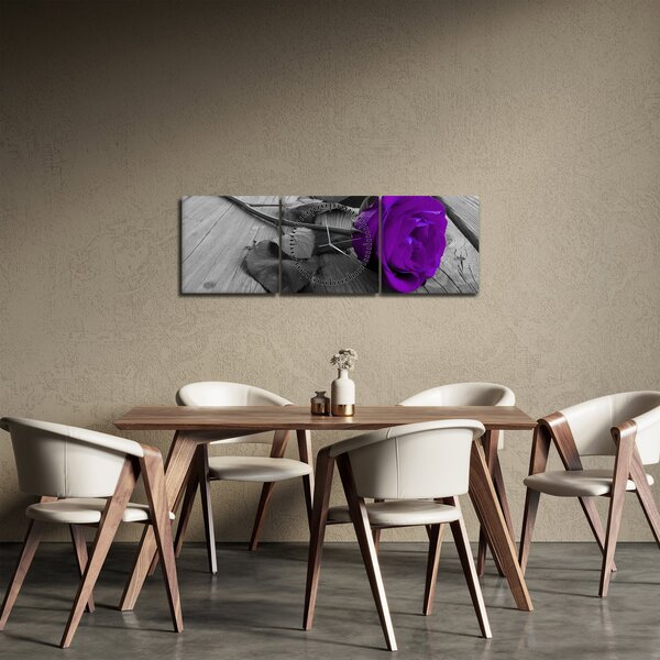 Obraz - Fioletowa róża z zieloną łodygą (z zegarem) (90x30 cm)