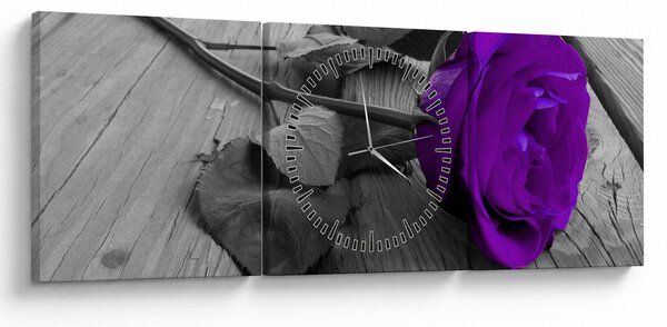 Obraz - Fioletowa róża z zieloną łodygą (z zegarem) (90x30 cm)