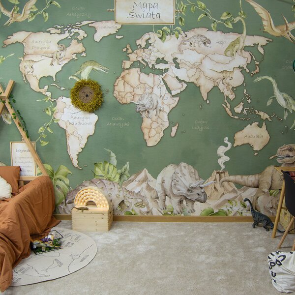 Tapeta do pokoju dziecka Mural Mapa Świata Dinozaury zielona