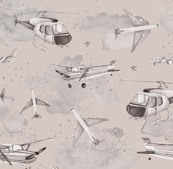 Tapeta do pokoju dziecka samoloty i helikoptery sepia Dekorillo