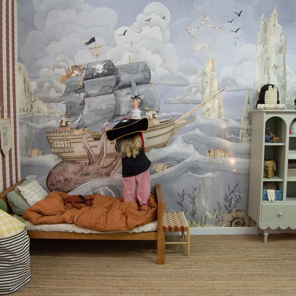 Tapeta do pokoju dziecka PIRATE STORY Dekorillo – ze statkiem pirackim mural niebieska