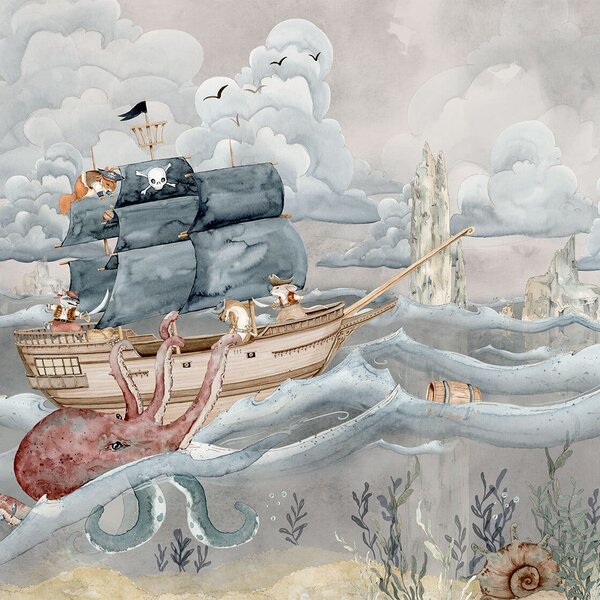 Tapeta do pokoju dziecka PIRATE STORY Dekorillo – ze statkiem pirackim mural beż