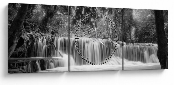 Obraz - Czarno-biały wodospad (z zegarem) (90x30 cm)