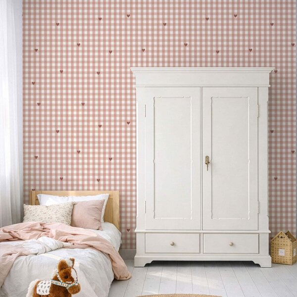 Tapeta w kratkę i serduszka terracotta – tapeta vichy do pokoju dziecka