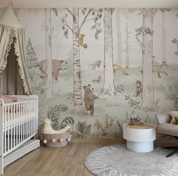 Tapeta HELLO TEDDY - green - dziecięca tapeta z niedźwiadkami w zielonym lesie
