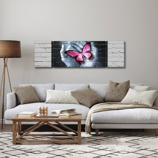 Obraz - Różowy motyl w ścianie (170x50 cm)