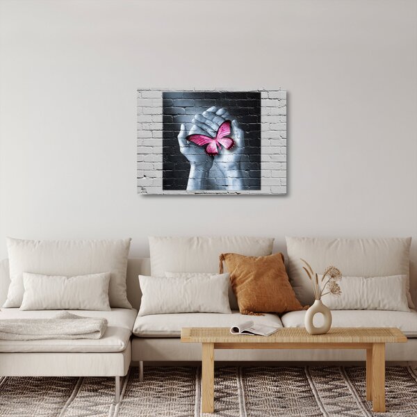 Obraz na szkle - Różowy motyl w ścianie (70x50 cm)