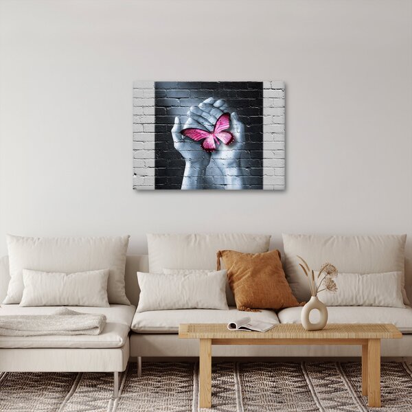 Obraz - Różowy motyl w ścianie (70x50 cm)