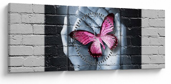 Obraz - Różowy motyl w ścianie (z zegarem) (90x30 cm)
