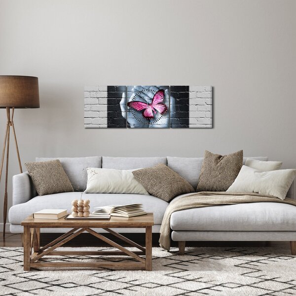 Obraz - Różowy motyl w ścianie (z zegarem) (90x30 cm)