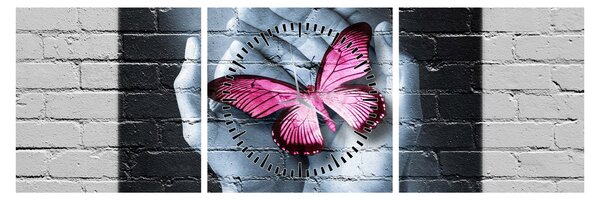 Obraz - Różowy motyl w ścianie (z zegarem) (90x30 cm)