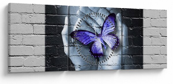 Obraz - Fioletowy motyl na ścianie (z zegarem) (90x30 cm)