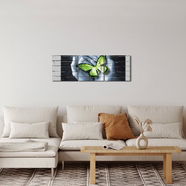 Obraz - Zielony motyl w ścianie (z zegarem) (90x30 cm)