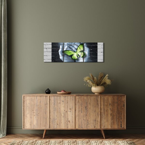 Obraz - Zielony motyl w ścianie (z zegarem) (90x30 cm)