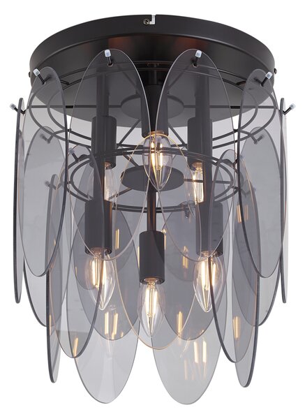 Lampa sufitowa Art Deco czarna z przydymionym szkłem owalna 6-punktowa - Mochan