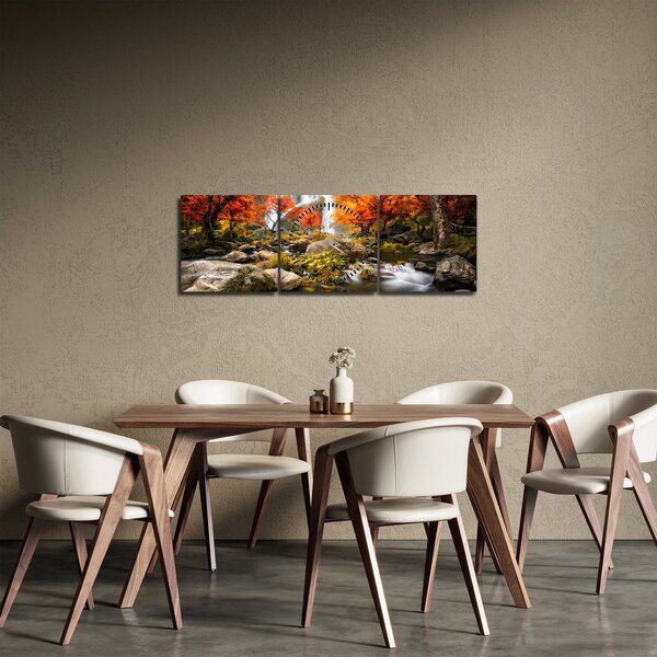 Obraz - Wodospady w jesiennym krajobrazie, pomarańczowy (z zegarem) (90x30 cm)