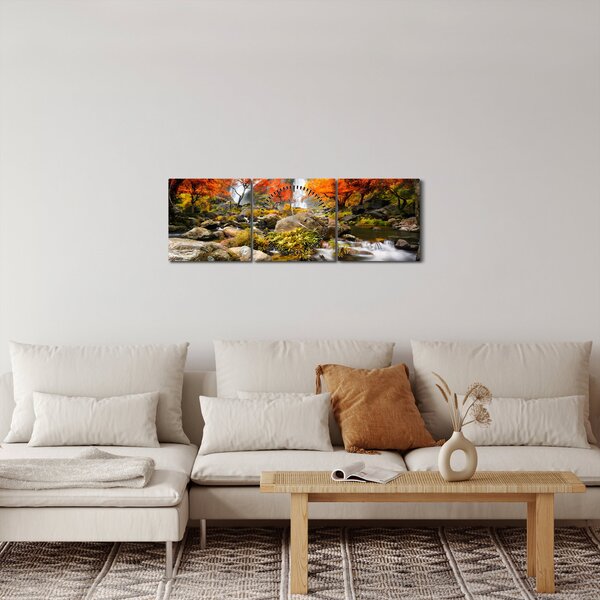 Obraz - Wodospady w jesiennym krajobrazie, pomarańczowy (z zegarem) (90x30 cm)