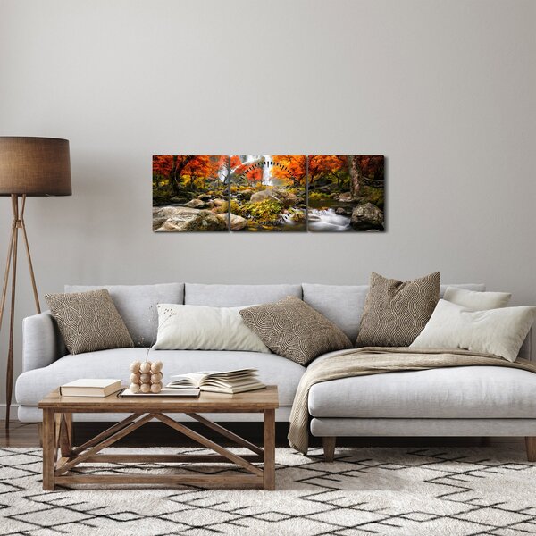 Obraz - Wodospady w jesiennym krajobrazie, pomarańczowy (z zegarem) (90x30 cm)