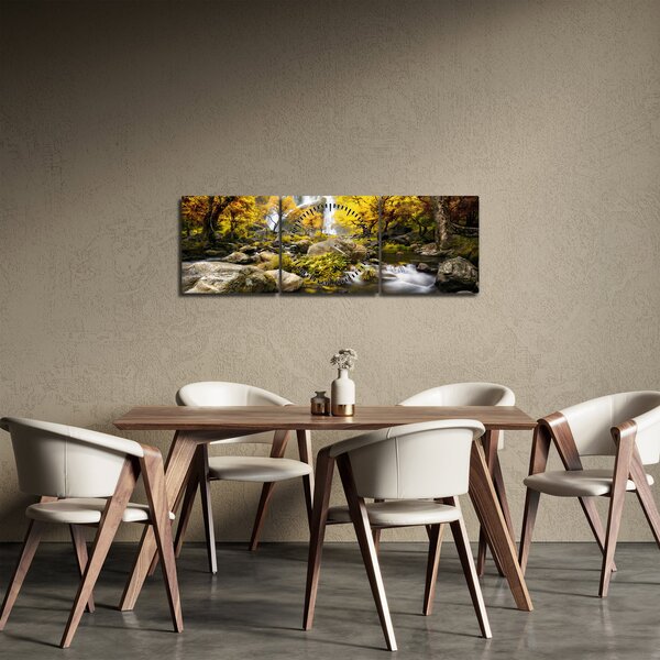 Obraz - Wodospady w jesiennym krajobrazie, żółty (z zegarem) (90x30 cm)