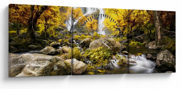 Obraz - Wodospady w jesiennym krajobrazie, żółty (z zegarem) (90x30 cm)