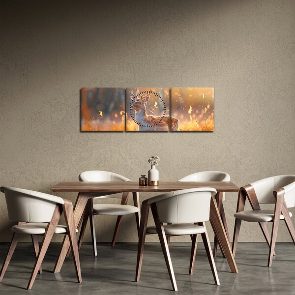 Obraz - Jeleń na polu (z zegarem) (90x30 cm)