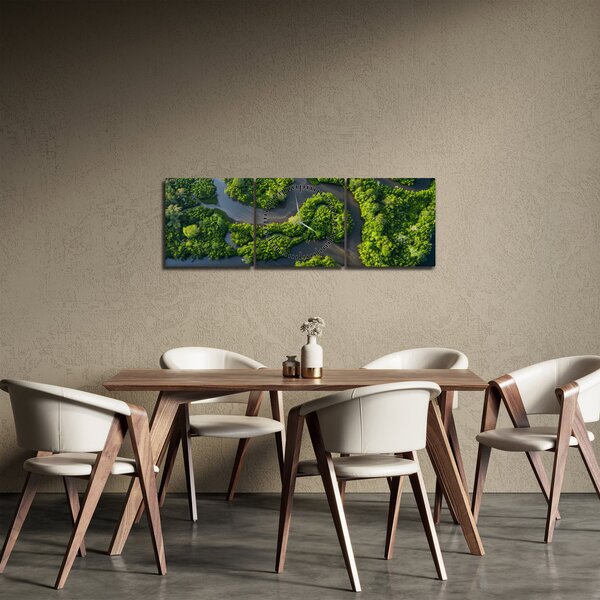 Obraz - Krajobraz leśny z rzeką (z zegarem) (90x30 cm)