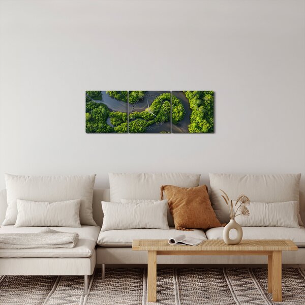 Obraz - Krajobraz leśny z rzeką (z zegarem) (90x30 cm)
