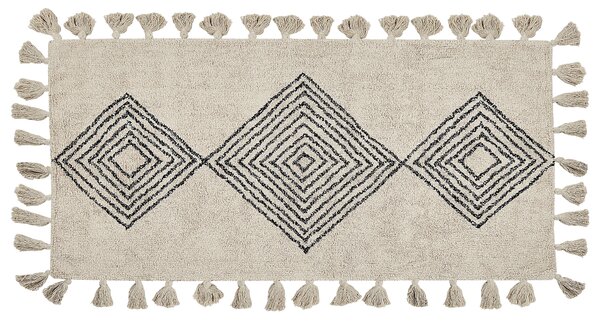 Dywan bawełniany z frędzlami wzór geometryczny 80 x 150 cm beżowy Bulcuk Beliani