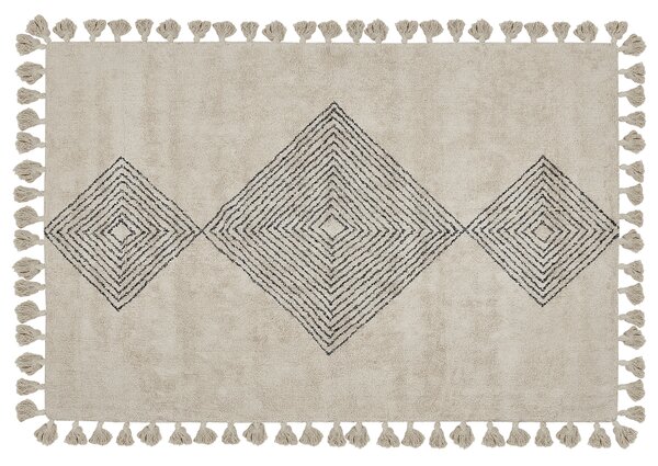 Dywan bawełniany z frędzlami wzór geometryczny 160 x 230 cm beżowy Bulcuk Beliani