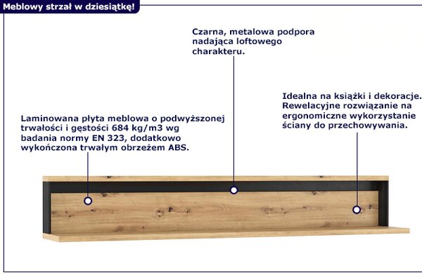 Wisząca półka w stylu industrialnym dąb artisan - QA P3-P60