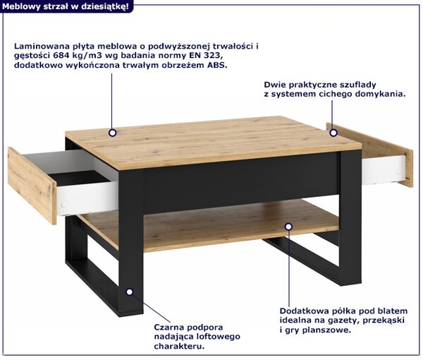Loftowy stolik kawowy z szufladami dąb artisan - QA E0-C76