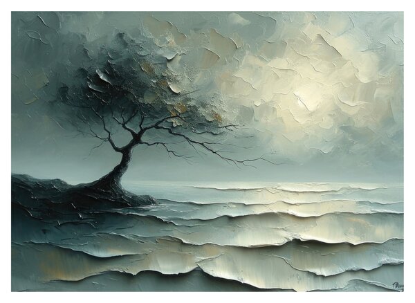 Obraz na szkle - Obraz olejny przedstawiający drzewo z oceanem (70x50 cm)