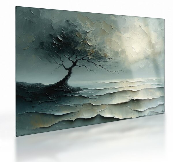 Obraz na szkle - Obraz olejny przedstawiający drzewo z oceanem (70x50 cm)