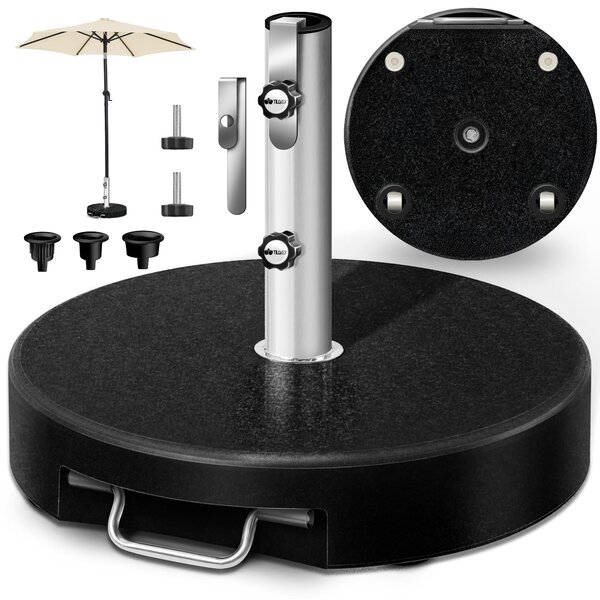 Tillvex® Granitowy stojak na parasol z kókami i teleskopow rczk, 27 kg, czarny – okrgy | Stojak na parasol z rur ze stali nierdzewnej | Stojak balkonowy na parasole o rednicy trzonka 16–48 mm i rednicy czaszy 300 cm