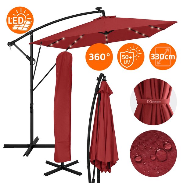 ML-Design Parasol ogrodowy Ø330cm z owietleniem LED Solar Czerwony aluminiowy parasol z pokrowcem i stojakiem Ochrona przeciwsoneczna i wodoodporna Obrotowy i odchylany