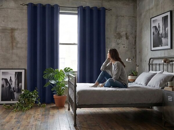 Ciemnoniebieska zasłona OXFORD LIGHT 140x250 cm Zawieszanie: Taśma z wiązaniami