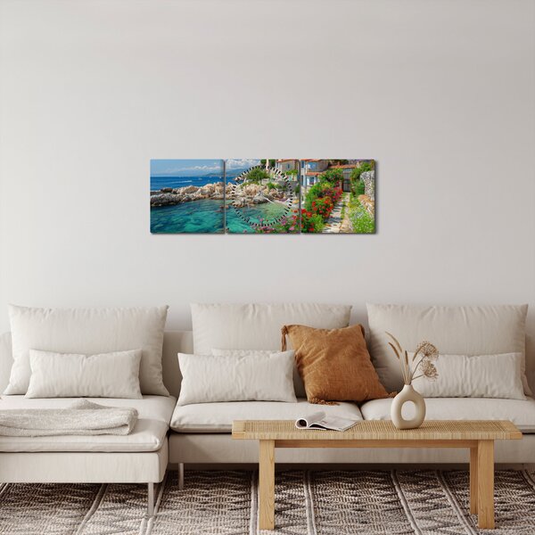 Obraz - Malownicza nadmorska wioska (z zegarem) (90x30 cm)