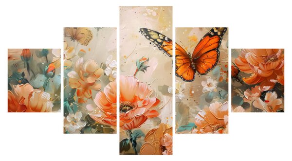Obraz - Motyl i kwiaty, obraz olejny (125x70 cm)