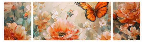 Obraz - Motyl i kwiaty, obraz olejny (170x50 cm)