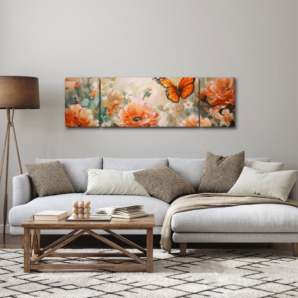 Obraz - Motyl i kwiaty, obraz olejny (170x50 cm)