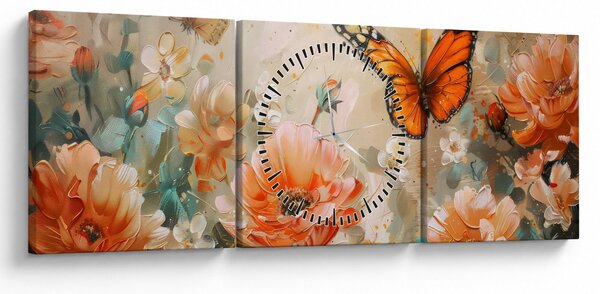 Obraz - Motyl i kwiaty, obraz olejny (z zegarem) (90x30 cm)