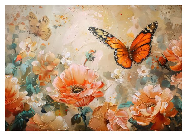 Obraz na szkle - Motyl i kwiaty, obraz olejny (70x50 cm)
