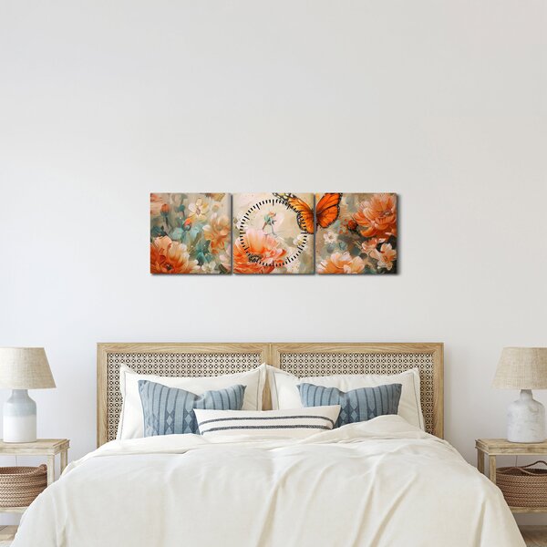 Obraz - Motyl i kwiaty, obraz olejny (z zegarem) (90x30 cm)