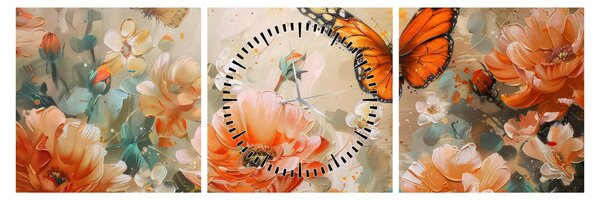 Obraz - Motyl i kwiaty, obraz olejny (z zegarem) (90x30 cm)