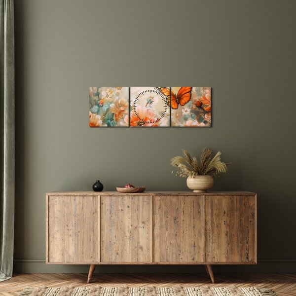 Obraz - Motyl i kwiaty, obraz olejny (z zegarem) (90x30 cm)