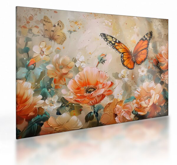 Obraz na szkle - Motyl i kwiaty, obraz olejny (70x50 cm)